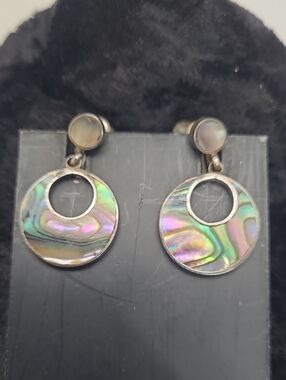 Taxco Sterling Abalone Shell Circle Drop Earrings